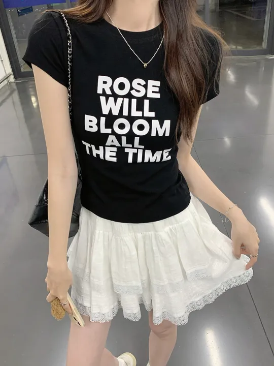 Korean Dress🎉เสื้อยืด👗เสื้อยืดแฟชั่นสตรีสไตล์เกาหลี ย้อนยุคอเมริกัน พิมพ์จดหมาย