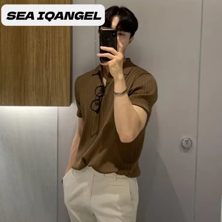 เสื้อโปโลคอปกผู้ชายเสื้อถักสีทึบแบบบางลำลองฤดูร้อนเสื้อตัวในเสื้อยืด