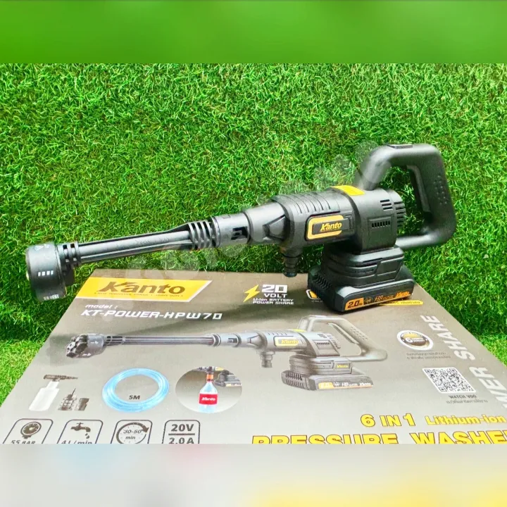 KANTO เครื่องอัดฉีด รุ่น KT-POWER-HPW70 20V (แบต 2.0AH+ที่ชาร์จ) 6IN1 LITHIUM-ION PRESSURE WASHER 55BAR เครื่องฉีดน้ำไร้สาย อัดฉีด เครื่องฉีดน้ำแรงดันสูง ล้างรถ ฉีดน้ำ ไร้สาย ทำความสะอาด ล้างพื้น จัดส