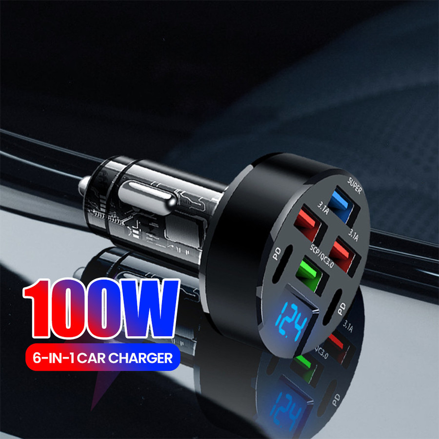 Elough 6 พอร์ต 100W 4USB+ 2 Type C Fast Charging จอแสดงผลดิจิตอลเครื่องชาร์จในรถยนต์ USB C ชาร์จโทรศัพท์มือถือในรถยนต์สําหรับ