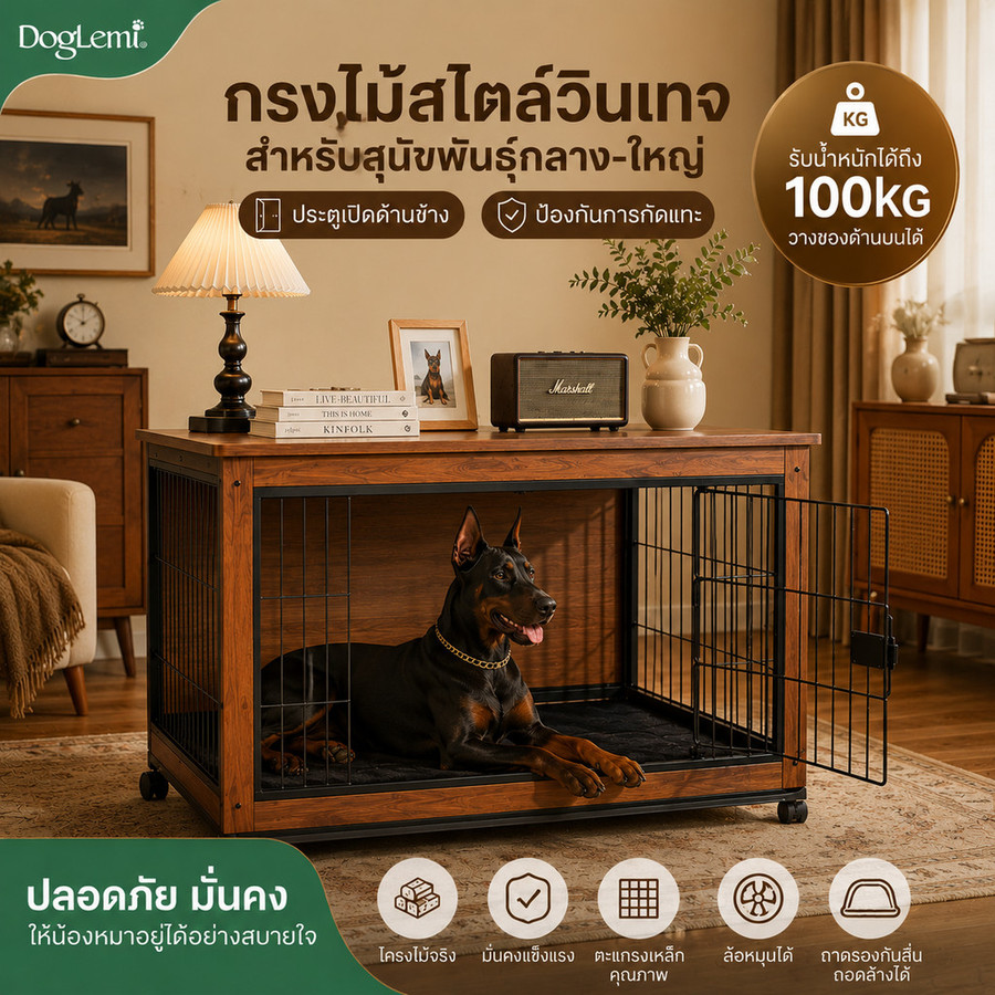 【Doglemi】กรงสุนัขไม้ กรงหมาพรีเมียม ถาดรองดึงออกได้ ใช้เป็นโต๊ะข้างได้ สำหรับสุนัขเล็ก-กลาง บ้านและคอนโด