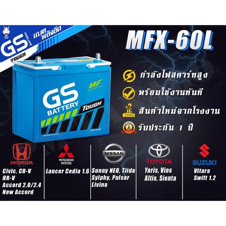 ส่งด่วน GS MFX-60L /R (50Ah) 55B24 แบตรถยนต์ Vios Altis Civic Mazda กึ่งแห้ง แท้ พร้อมใช้ MFX60
