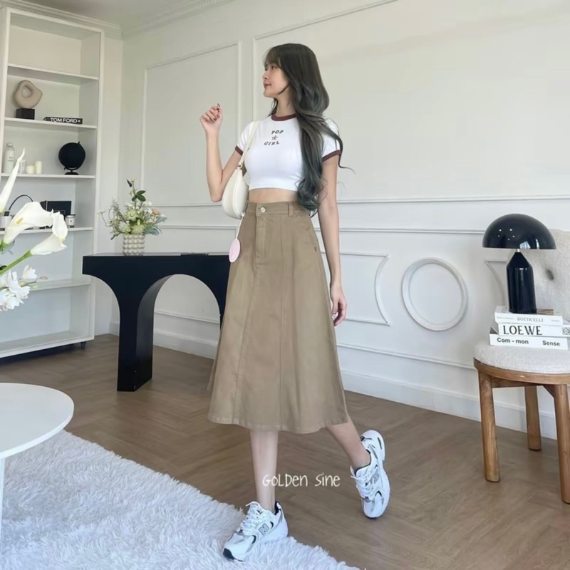 ᴄᴀʀᴍᴇɴ🌸กระโปรงยีนส์บาน ผ้ายีนส์ยืดคอตตอล ซิปหน้า เอวสูง งานป้ายเกาหลี