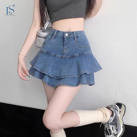 LASINI N15 กระโปรงกางเกงยีนส์ สไตล์สาว Y2Kกระโปรงยีนส์แต่งระบายสองชั้น