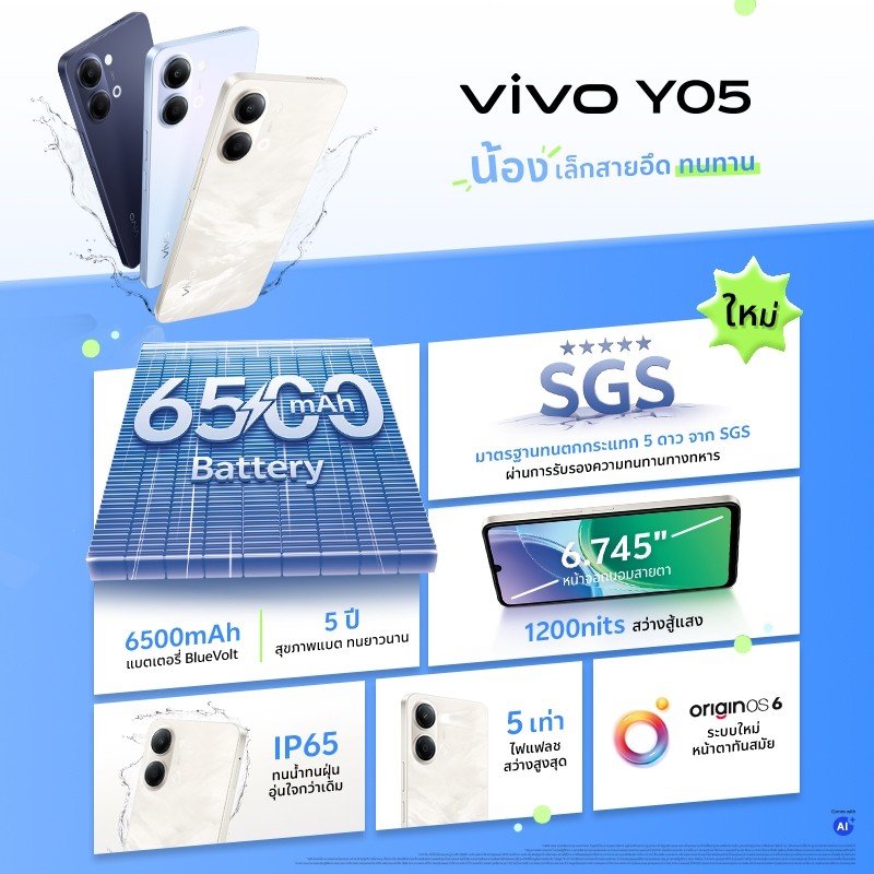 vivo Y05 (4+128GB) วีโว่ แบตเตอรี่ 6500mAh | โครงสร้างกันกระแทกรอบด้าน | ทนน้ำทนฝุ่น IP65