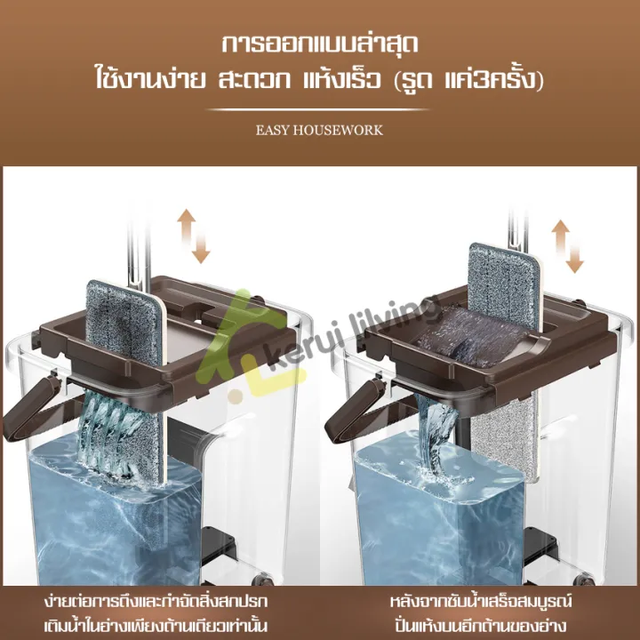intime Flat mop ไม้ถูพื้นหัวแบน ม็อบถังรีดน้ำ รุ่นธันเดอร์ ไม่เลอะมือ ไม้ม๊อบรีดน้ำ ไม้ถูรีดน้ำพร้อมถัง ไม้ถูพื้นม๊อบไมโครไฟเบอร์ ซับน้ำได้